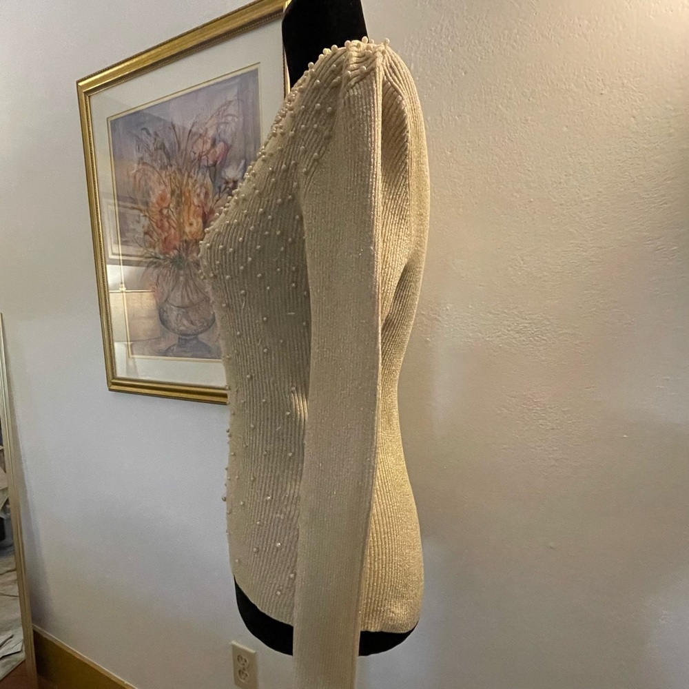 Belldini Light Gold Silk Metallic Sweater with Pearl Accents Stunning -OS ✨✨ - Picture 3 of 9